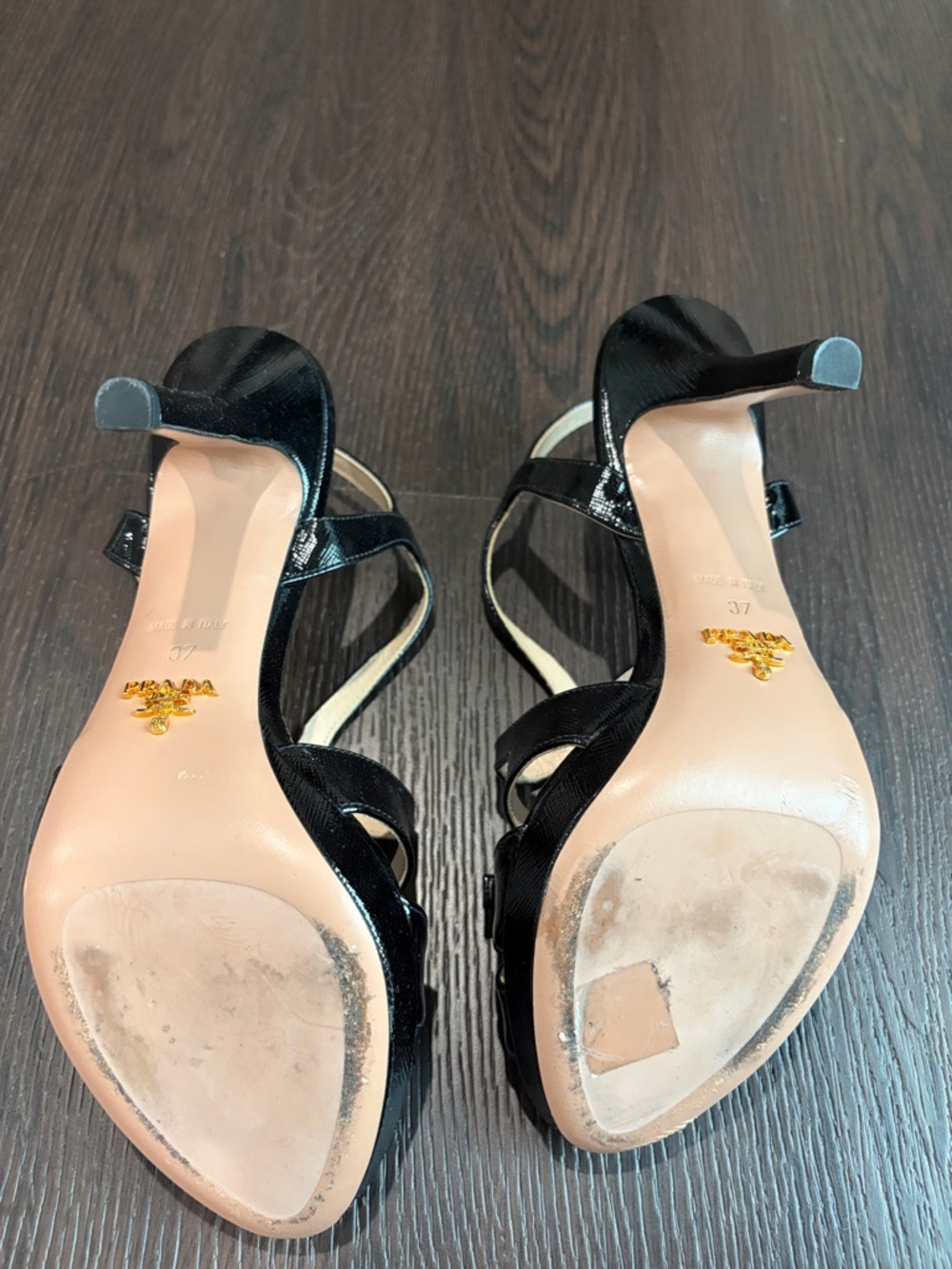 Prada Black Patent Leather Strappy Heels with Bow Accent - Picture 4 of 5